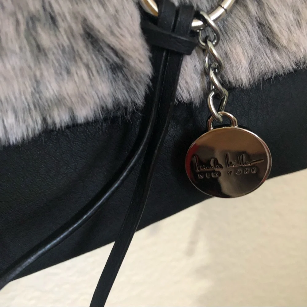 Nicole Miller Faux Fur Foldover Purse Handbag Charm Black NWT $88 - Picture 5 of 13